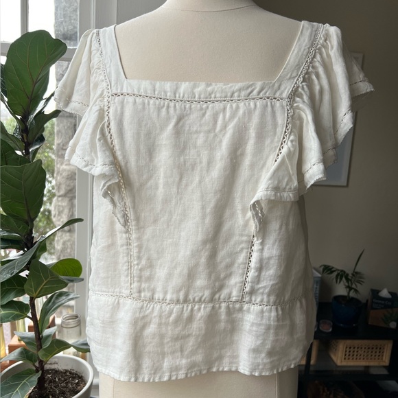 NWT Faherty "Mariposa" white linen frill short sleeve - size M - Picture 1 of 8